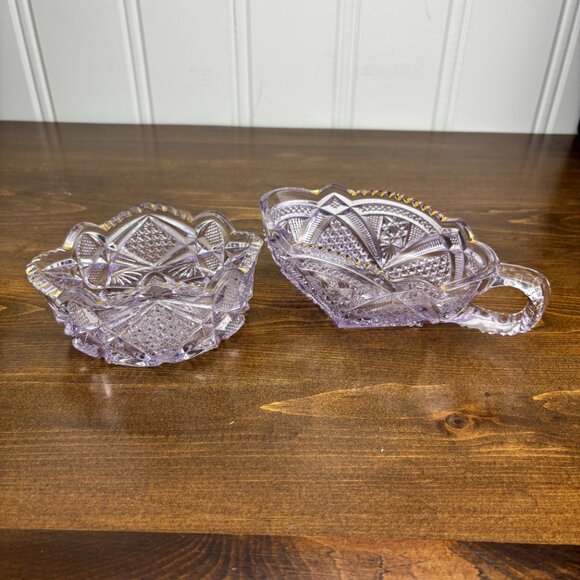 Vintage Cut Glass Amethyst Glass Creamer & Sugar Bowl Set with Gold Gilding - Picture 5 of 13